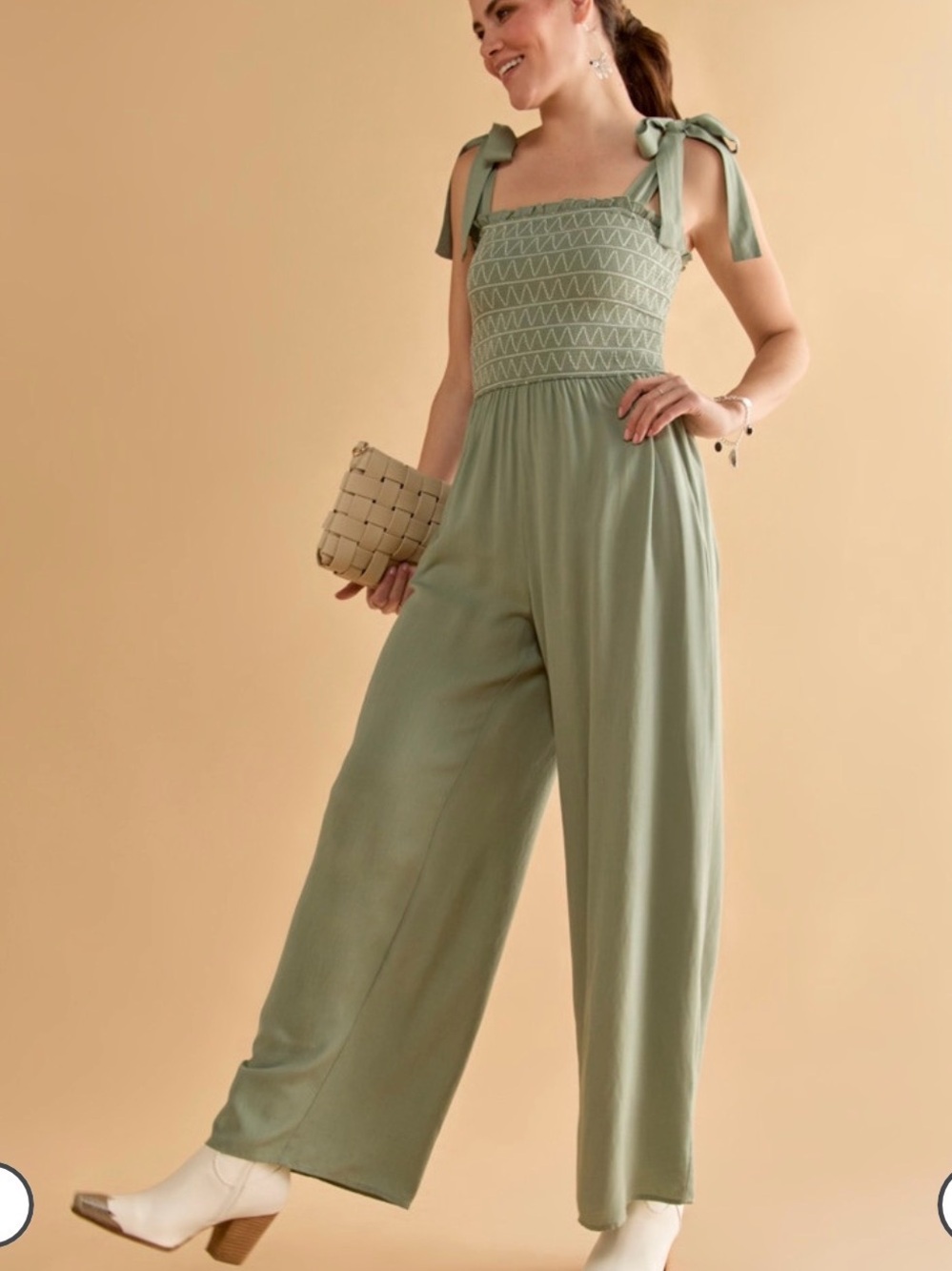 Francesca's Sage Green Smocked Wide-Leg Tie-Shoulder Jumpsuit